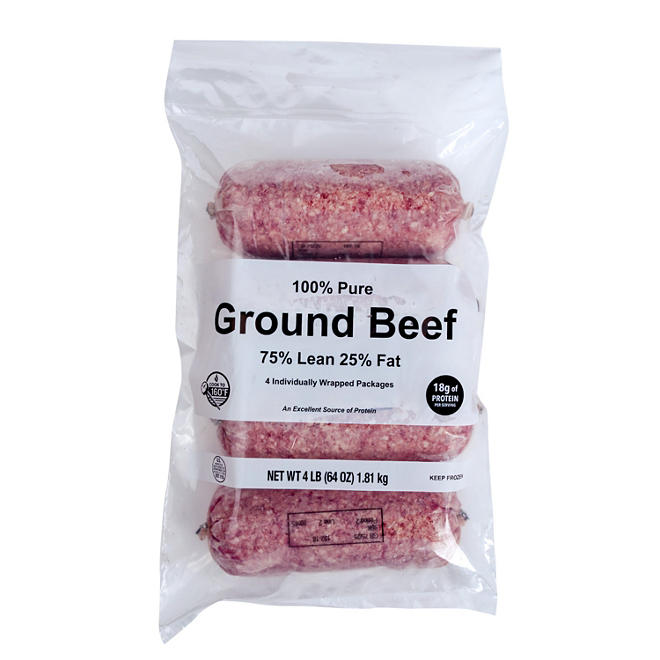 Ground Beef, 75% Lean, Frozen (4 lbs.)