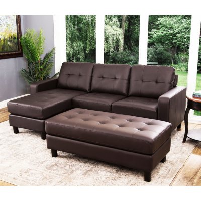 Claire Leather Reversible Sectional Sofa and Ottoman