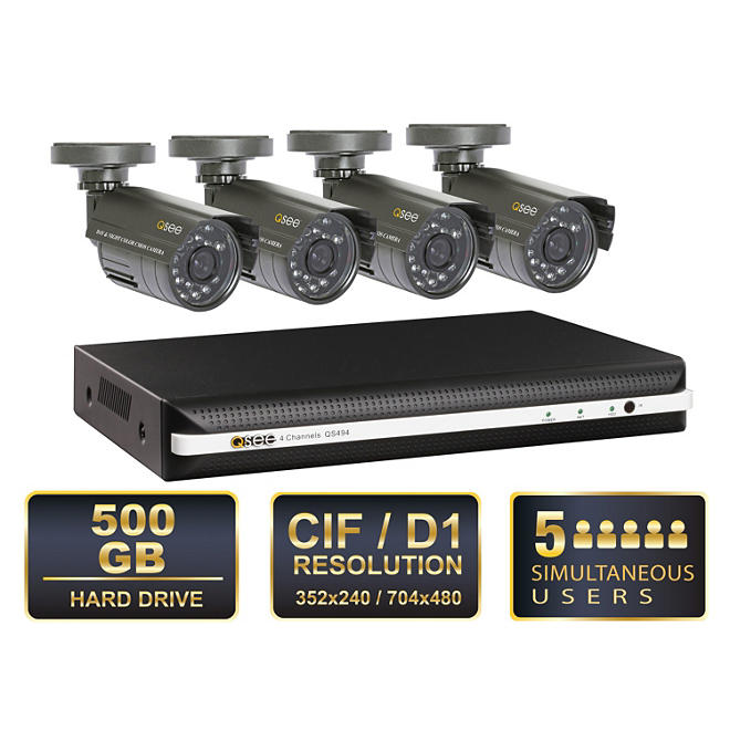 Q-see 4 Channel Security System with 500GB Hard Drive, 4 x 480TVL Cameras, and 50' Night Vision