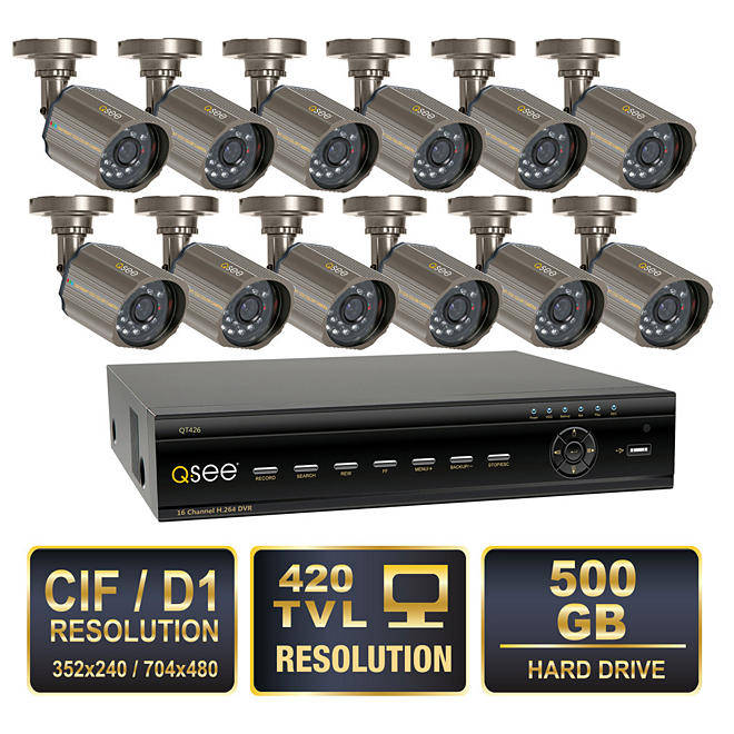 Q-See 16 Channel Security System with 500GB Hard Drive, 12 420TVL CCD Cameras, and 40' Night Vision