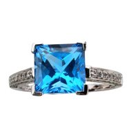 Princess Cut Blue Topaz Ring with Diamonds in 14K White Gold