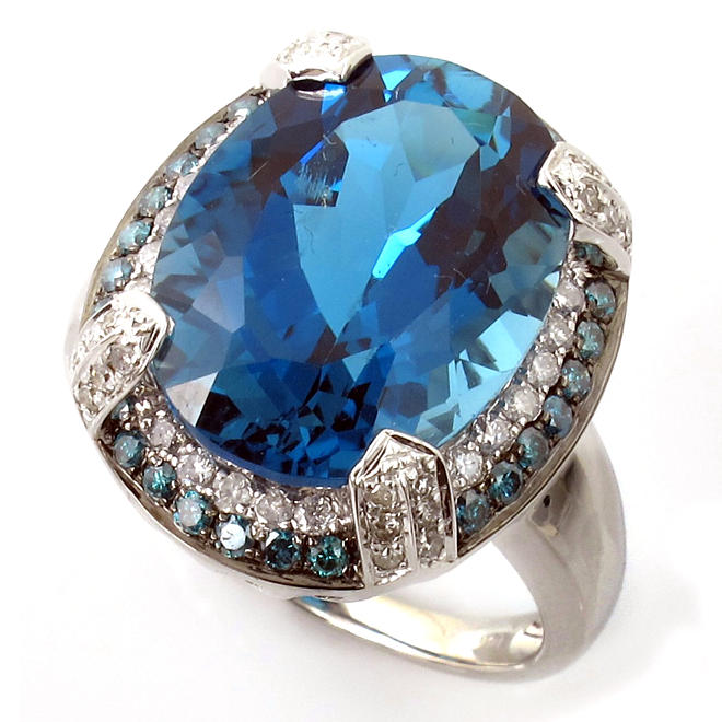 12 ct. Oval London Blue Topaz Ring with Diamonds in 14k White Gold (G, I1)