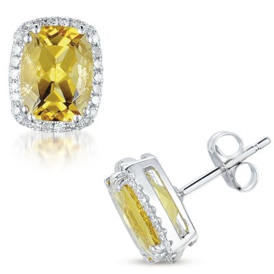 Cushion-Cut Yellow Beryl Earrings with Diamond in 14K White Gold (I, I1 ...