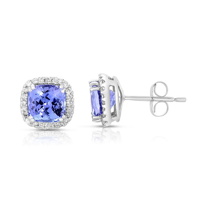 Cushion Shaped Tanzanite Earrings with Diamonds in 14K White Gold