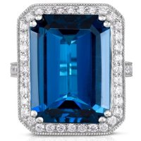 Emerald Cut London Blue Topaz Ring with Diamonds in 14K White Gold