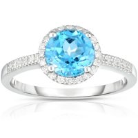 Round Blue Topaz Ring with Diamonds in 14K White Gold