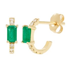 Emerald and 0.12 CT. TW Diamond Huggie Earrings in 14K Yellow Gold