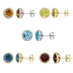 Round Cut Gemstone and 0.13 CT. T.W. Halo Diamond Stud Earrings in 14K Gold