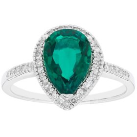 Pear Shape Lab Emerald and 0.19 CT. T.W. Diamond Ring in 14K White Gold