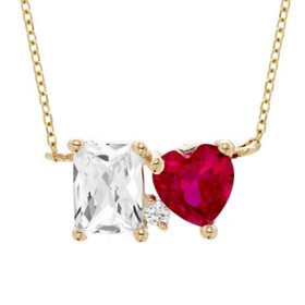 Two-Stone Emerald-Cut Lab White Sapphire & Heart-Shaped Lab Ruby & Diamond Necklace in 14K Yellow Gold