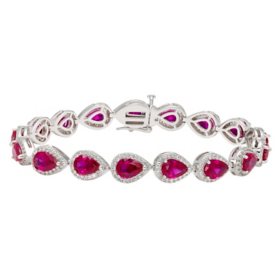 Pear Cut Lab Created Gemstone Halo Tennis Bracelet in Sterling Silver