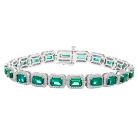 Emerald Cut Lab Created Gemstone Halo Tennis Bracelet in Sterling Silver