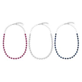 Oval Cut Lab Created Gemstone Halo Tennis Necklace in Sterling Silver