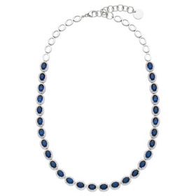 Oval Cut Lab Created Gemstone Halo Tennis Necklace in Sterling Silver