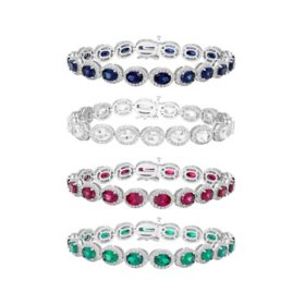 Oval Cut Gemstone Halo Tennis Bracelet in Sterling Silver