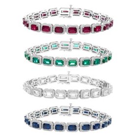 Emerald Cut Lab Created Gemstone Halo Tennis Bracelet in Sterling Silver