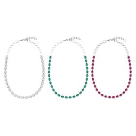 Oval Cut Lab Created Gemstone Halo Tennis Necklace in Sterling Silver