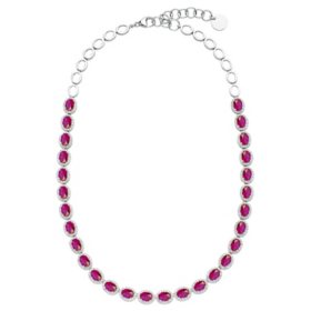 Oval Cut Lab Created Gemstone Halo Tennis Necklace in Sterling Silver