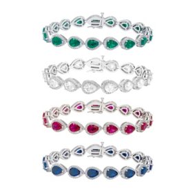 Pear Cut Lab Created Gemstone Halo Tennis Bracelet in Sterling Silver