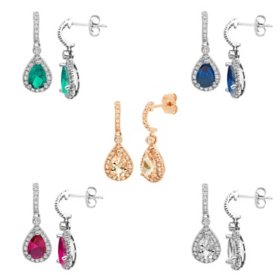  Pear Cut Gemstone & Halo Diamond Tear Drop Dangle Earrings in 14K Gold