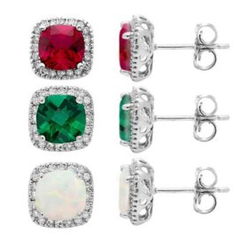 Cushion Cut Gemstone and 0.15 CT. T.W. Halo Diamond Stud Earrings in 14K Gold