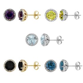 Round Cut Gemstone & 0.13 CT. T.W. Halo Diamond Stud Earrings in 14K Gold