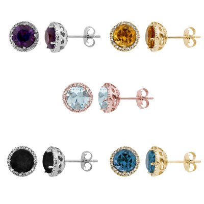 Round Cut Gemstone and 0.13 CT. T. W. Halo Diamond Stud Earrings in 14K Gold:- Aquamarine, Rose Gold