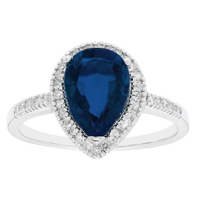 Pear Cut Lab Created Emerald & 0.19 CT. T. W. Diamond Ring in 14K Gold:- Lab Created Blue Sapphire, 9