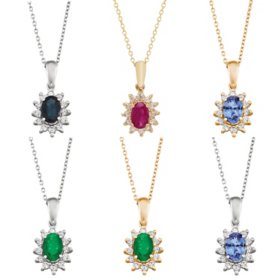 Oval Cut Gemstone & 0.18 CT. T.W. Starburst Pendant Necklace in 14K Gold