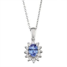 Oval Cut Gemstone & 0.18 CT. T.W. Starburst Pendant Necklace in 14K Gold