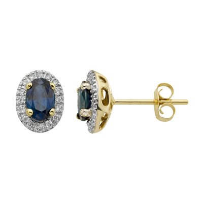 Oval Cut Gemstone & Diamond Halo Stud Earrings in 14K Gold:- Blue Sapphire, Yellow Gold