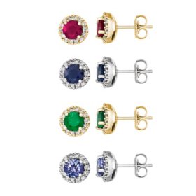 Round Cut Gemstone & 0.28 CT. T.W. Halo Diamond Stud Earrings in 14K Gold