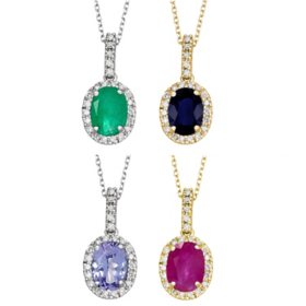 Oval Cut Genuine Gemstone & 0.11 CT. T.W. Diamond Halo Pendant Necklace in 14K Gold