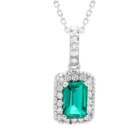 Emerald Cut Lab Created Gemstone & Diamond Halo Pendant Necklace in 14K Gold