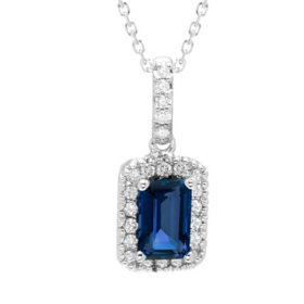 Emerald Cut Lab Created Gemstone & Diamond Halo Pendant Necklace in 14K Gold