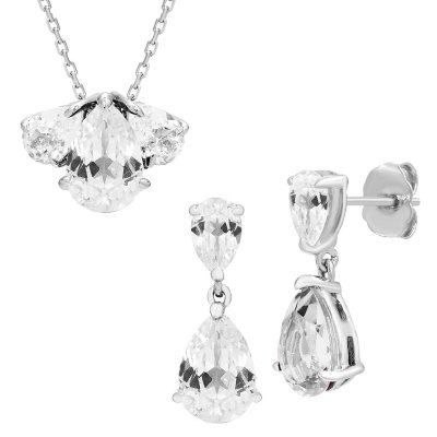 Pear Cut Lab Gemstone Earring and Necklace Set in Sterling Silver- White Sapphire:- White Sapphire
