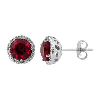 0.13 CT. T.W. Diamond Stud and Round Cut Gemstone Halo Earrings in Sterling Silver - Lab Created Ruby:- Lab Created Ruby