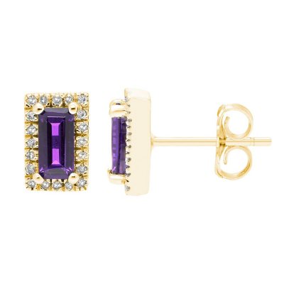 Baguette Cut Gemstone & 0.12 CT. TW Diamond Stud Halo Earrings in 14K Gold - Amethyst Yellow Gold:- Amethyst Yellow Gold