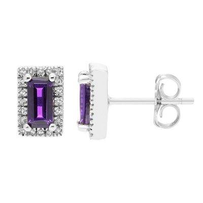 Baguette Cut Gemstone &amp; 0.12 CT. TW Diamond Stud Halo Earrings in 14K Gold - Amethyst White Gold:- Amethyst White Gold