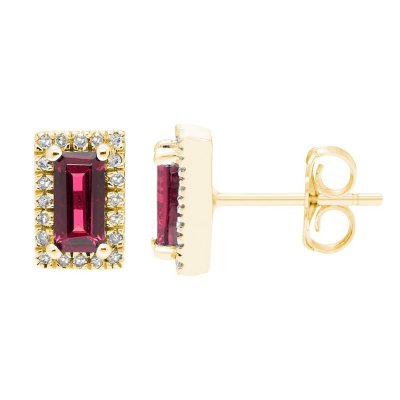 Baguette Cut Gemstone &amp; 0.12 CT. TW Diamond Stud Halo Earrings in 14K Gold - Lab Created Ruby:- Lab Created Ruby