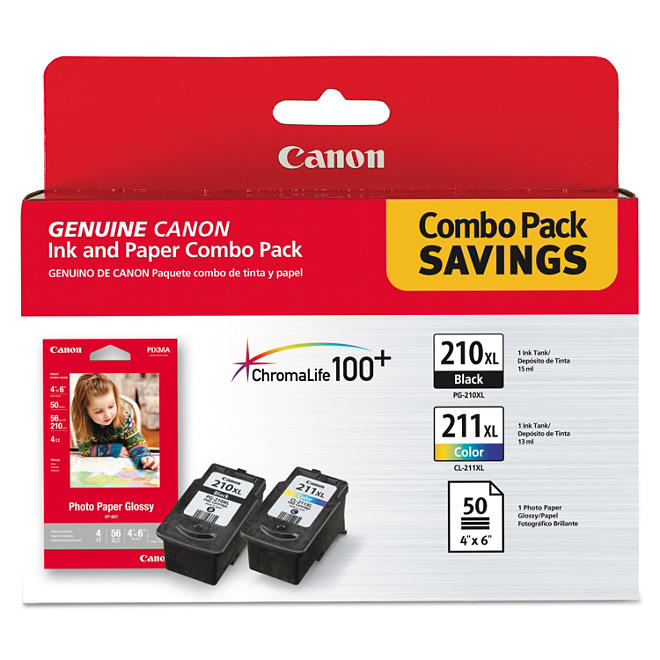 Canon PGI-210XL/CLI-211XL Ink Tank Cartridge & Paper Pack, Black/Tri-Color (2 pk.)