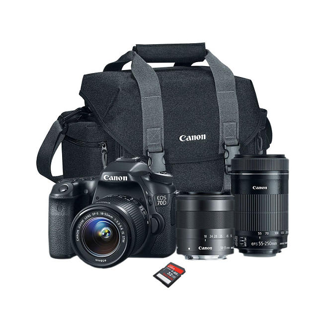 Canon EOS Rebel 70D Camera Bundle with 18-55 STM Lens, 55-250 STM Lens, Camera Bag, and 32GB SD Card