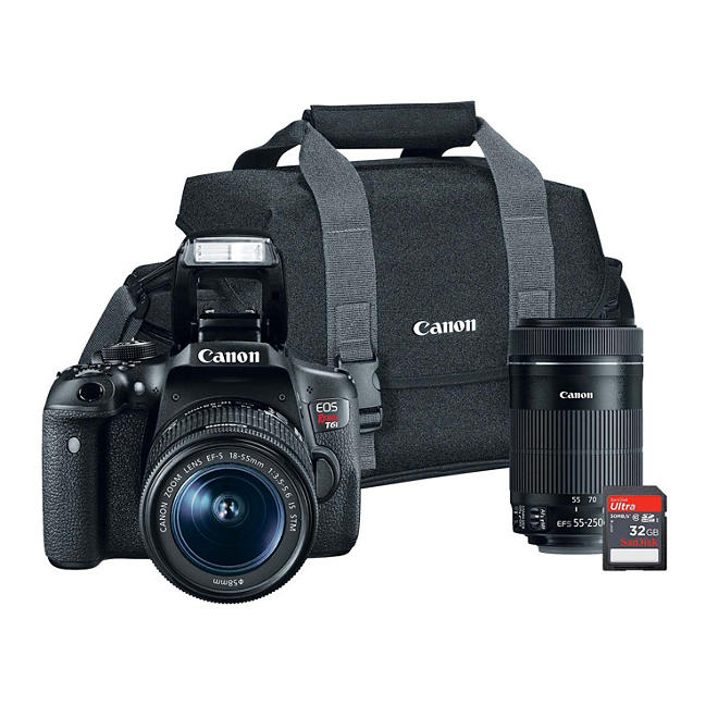 Canon EOS Rebel T6i 24.2MP Digital SLR Bundle with 18-55mm IS STM Lens, 55-250mm IS STM Lens, 32GB SD Card, and Camera Bag 