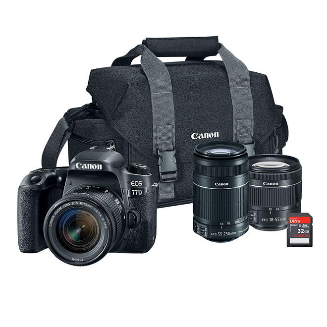 Canon EOS 77D 24.2MP DSLR Bundle with EF-S 18-55mm STM Lens, 55-250mm STM Lens, 32GB SD Card, and Camera Bag