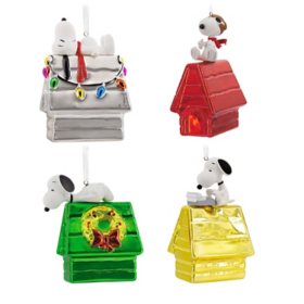 Hallmark Set of 4 Christmas Glass Ornaments - Peanuts Snoopy Colored Doghouses