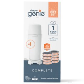 Diaper Genie Complete Gift Set Diaper Pail, 8 Refill Bags, 1 Carbon Filter, 1 Year Supply