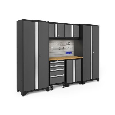NewAge Products Bold Series 7 Piece Cabinet Set, 108' W x 18' D x 76.75' H - Gray, Bamboo Top:- Gray, Bamboo Top