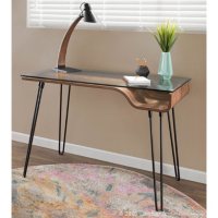 Avery Mid-Century Modern Desk in Walnut Wood, Clear Glass and Black Metal