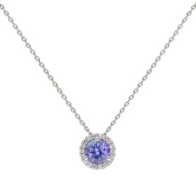 Tanzanite with 0.07 CT.TW. Diamond Halo Pendant with Diamond Cut Cable Chain in 14K White Gold,  Adjustable 16"-18"		