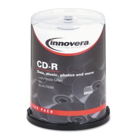 Innovera - CD-R Discs, Hub Printable, 700MB/80min, 52x, Spindle, Matte White -  100/Pack